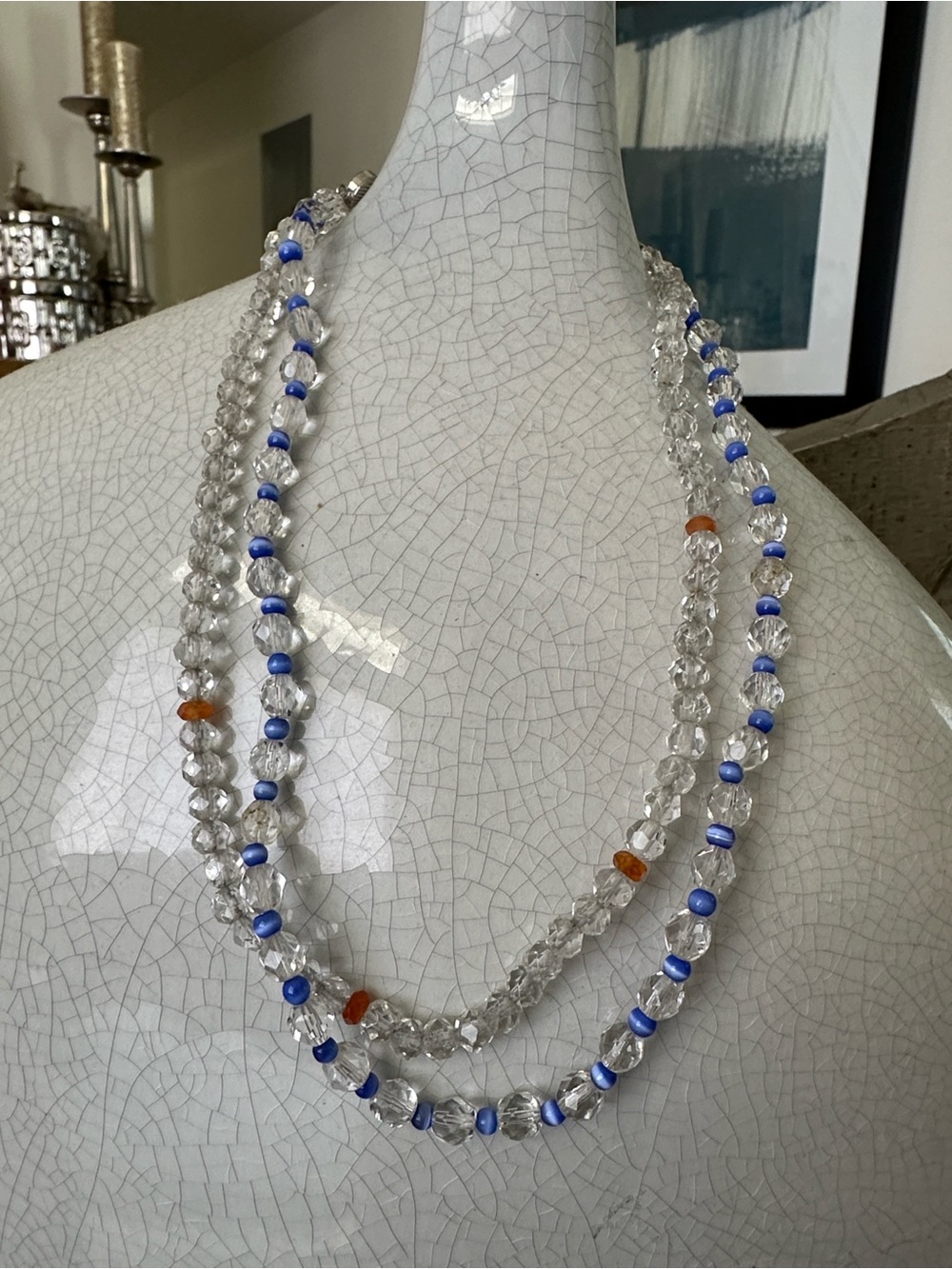 Clear Beaded Necklace with Blue and Amber Accents